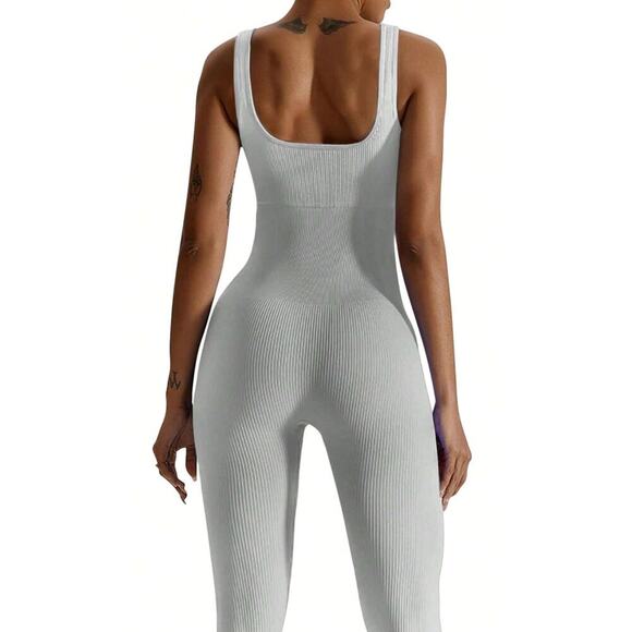 Rib-Knit Seamless Sports Jumpsuit in Gray, Size L​ - Picture 2 of 2